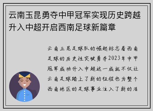 云南玉昆勇夺中甲冠军实现历史跨越升入中超开启西南足球新篇章 云南玉昆勇夺中甲冠军实现历史跨越升入中超开启西南足球新篇章