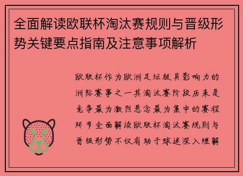 全面解读欧联杯淘汰赛规则与晋级形势关键要点指南及注意事项解析