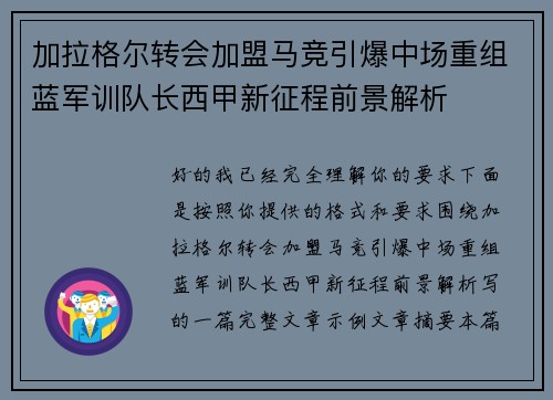 加拉格尔转会加盟马竞引爆中场重组蓝军训队长西甲新征程前景解析